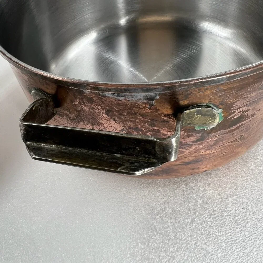 Vintage Copper Pot Stainless Steel Lined 9" Casserole Dual Brass Handles - Picture 9 of 11